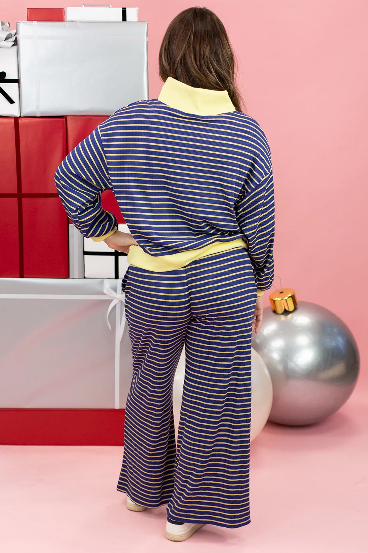Blue Stripe Color Block Patchwork Zip V Neck Pullover Loose Pants 2pcs Set
