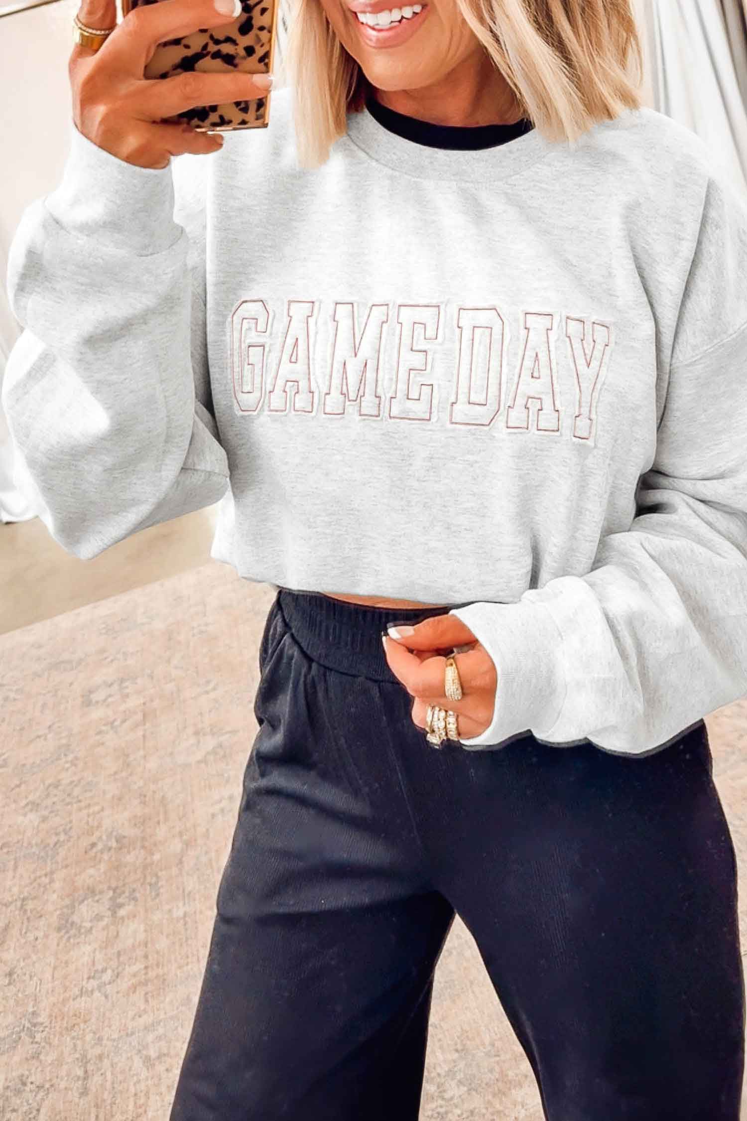 Light Grey Game Day Letter Embroidery Long Sleeve Round Neck Sweatshirt