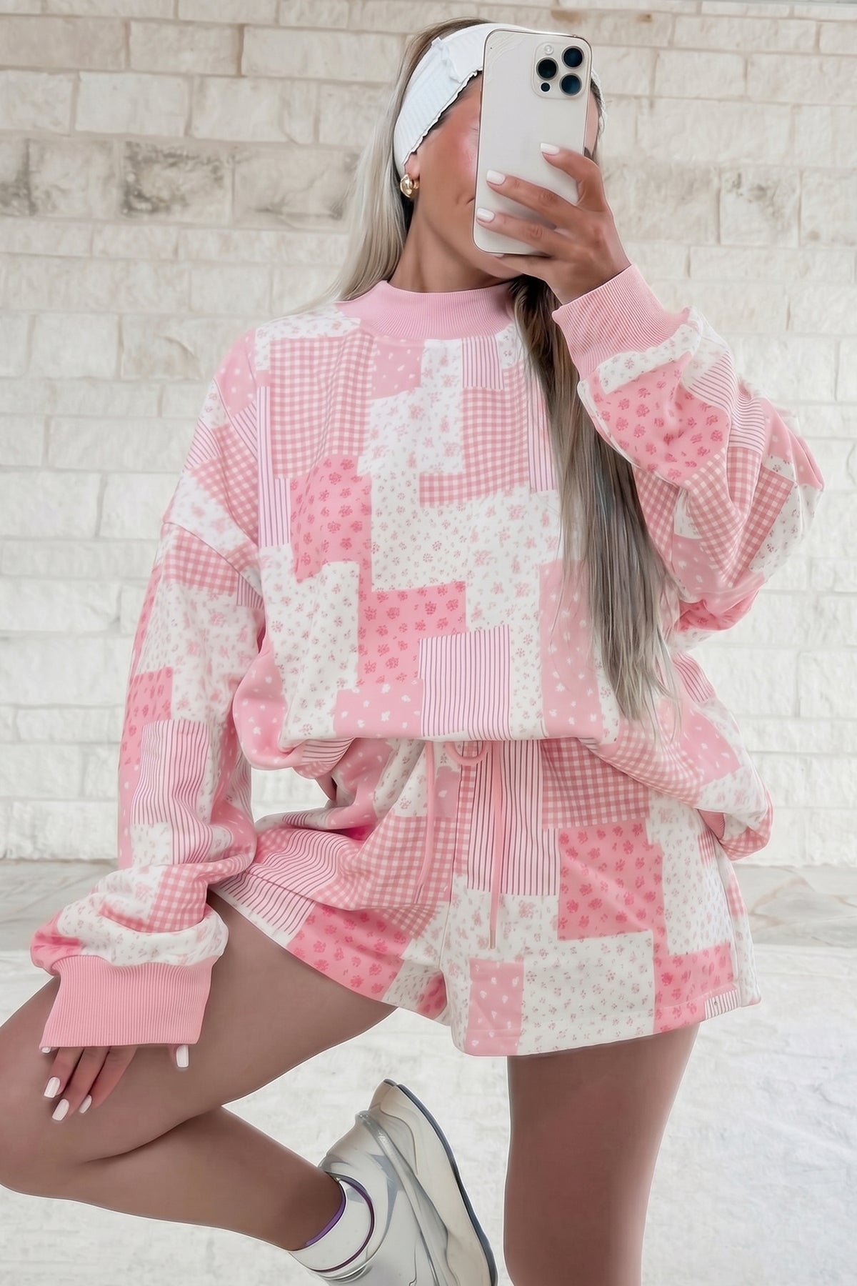 Light Pink Patchwork Floral Print Drop Shoulder Baggy Pullover Drawstring Shorts Set