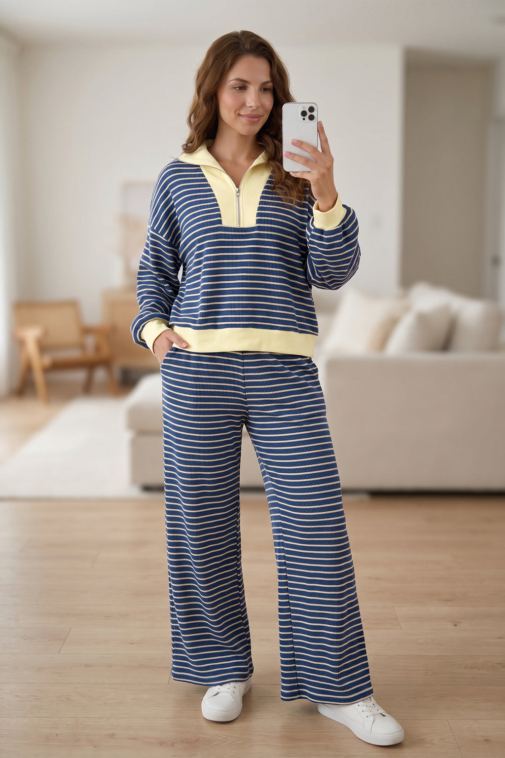 Blue Stripe Color Block Patchwork Zip V Neck Pullover Loose Pants 2pcs Set