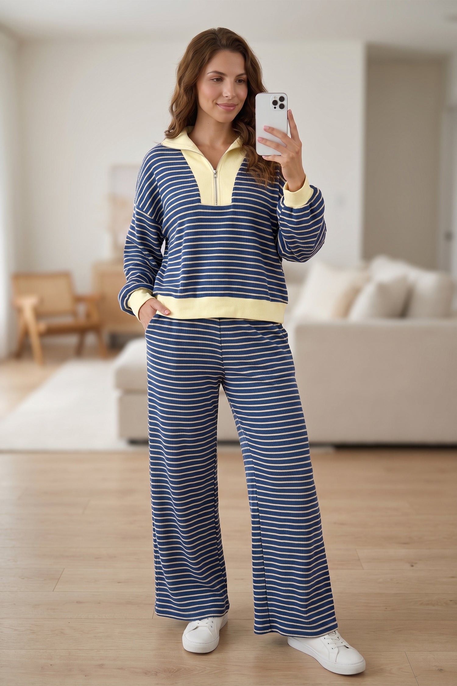 Blue Stripe Color Block Patchwork Zip V Neck Pullover Loose Pants 2pcs Set