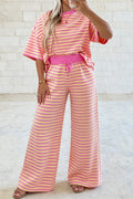 Pink Stripe Colorblock Trim Crew Neck Loose Tee Drawstring Elastic Waist 2pcs Pant Set
