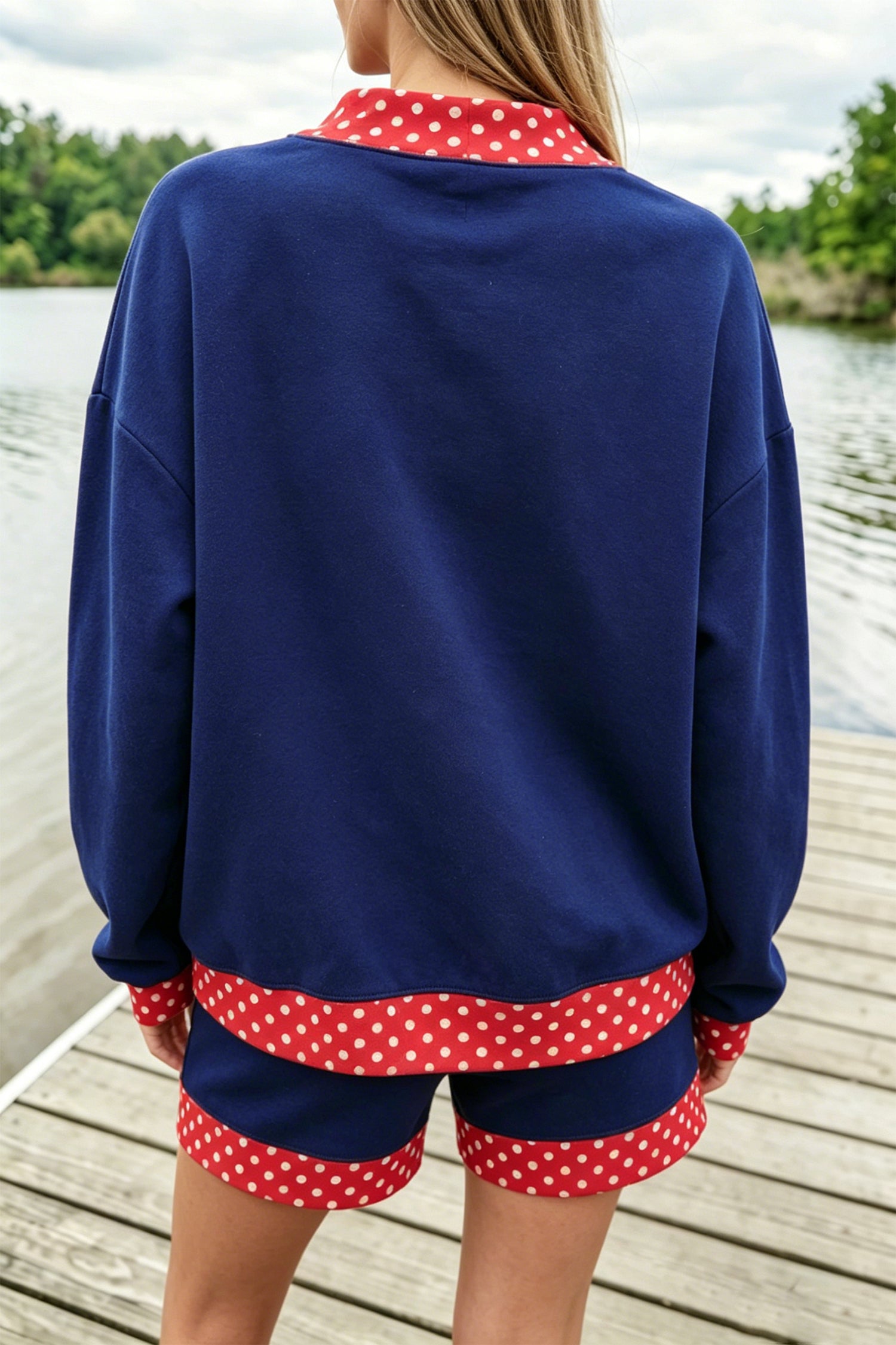 Dark Blue Polka Dot Trim Baggy Pullover 2pcs Short Set