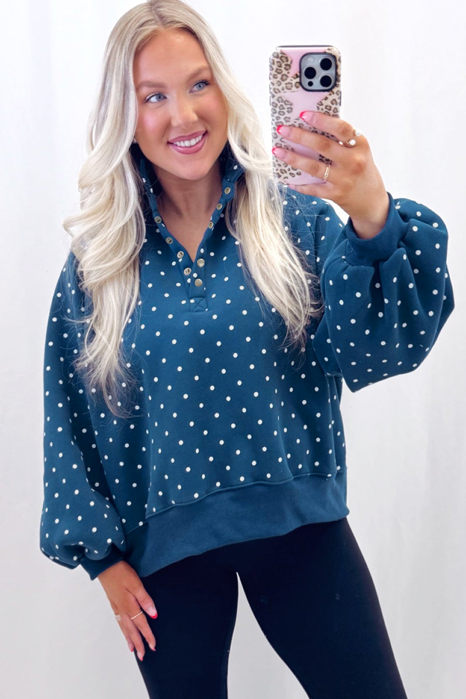 Pink Polka Dot Print Metal Button Collar Casual Pullover Sweatshirt