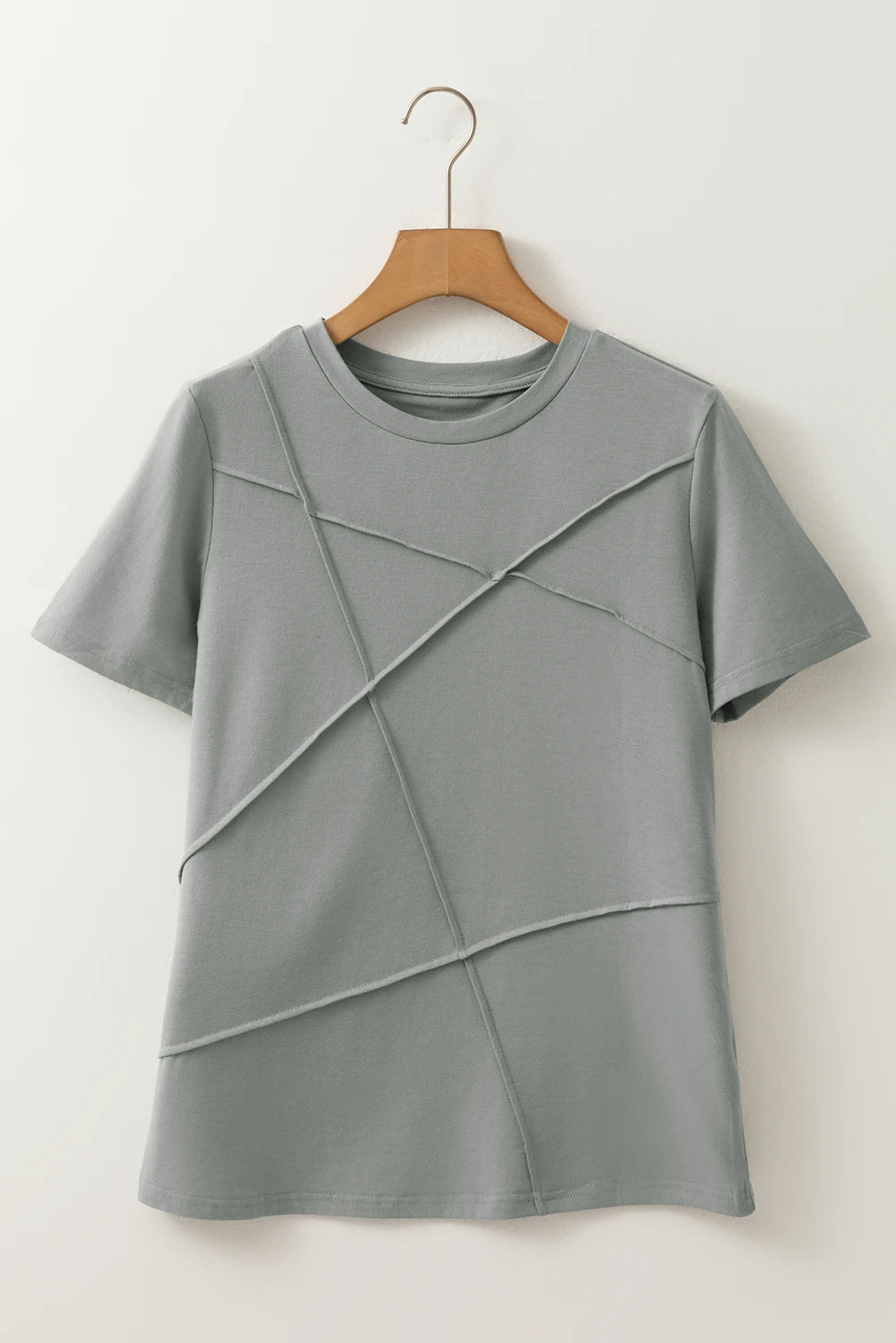 Grey Solid Color Toothpick Stripe Round Neck T Shirt