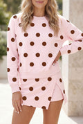 Pink Polka Dot Two Piece Set Long Sleeve Casual Skirt Set