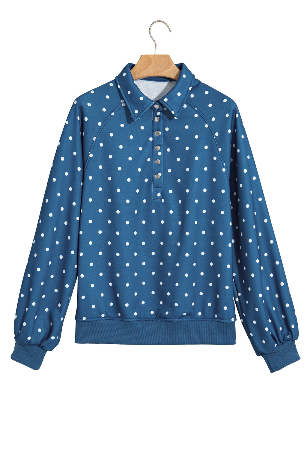Pink Polka Dot Print Metal Button Collar Casual Pullover Sweatshirt