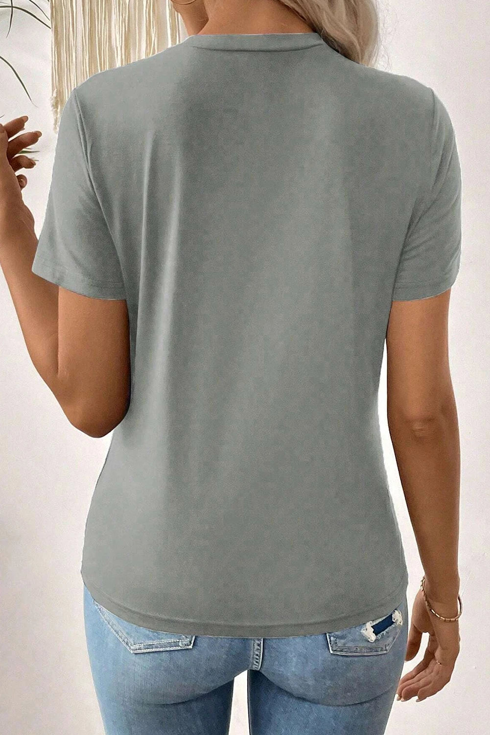 Grey Solid Color Toothpick Stripe Round Neck T Shirt