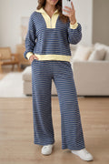 Blue Stripe Color Block Patchwork Zip V Neck Pullover Loose Pants 2pcs Set