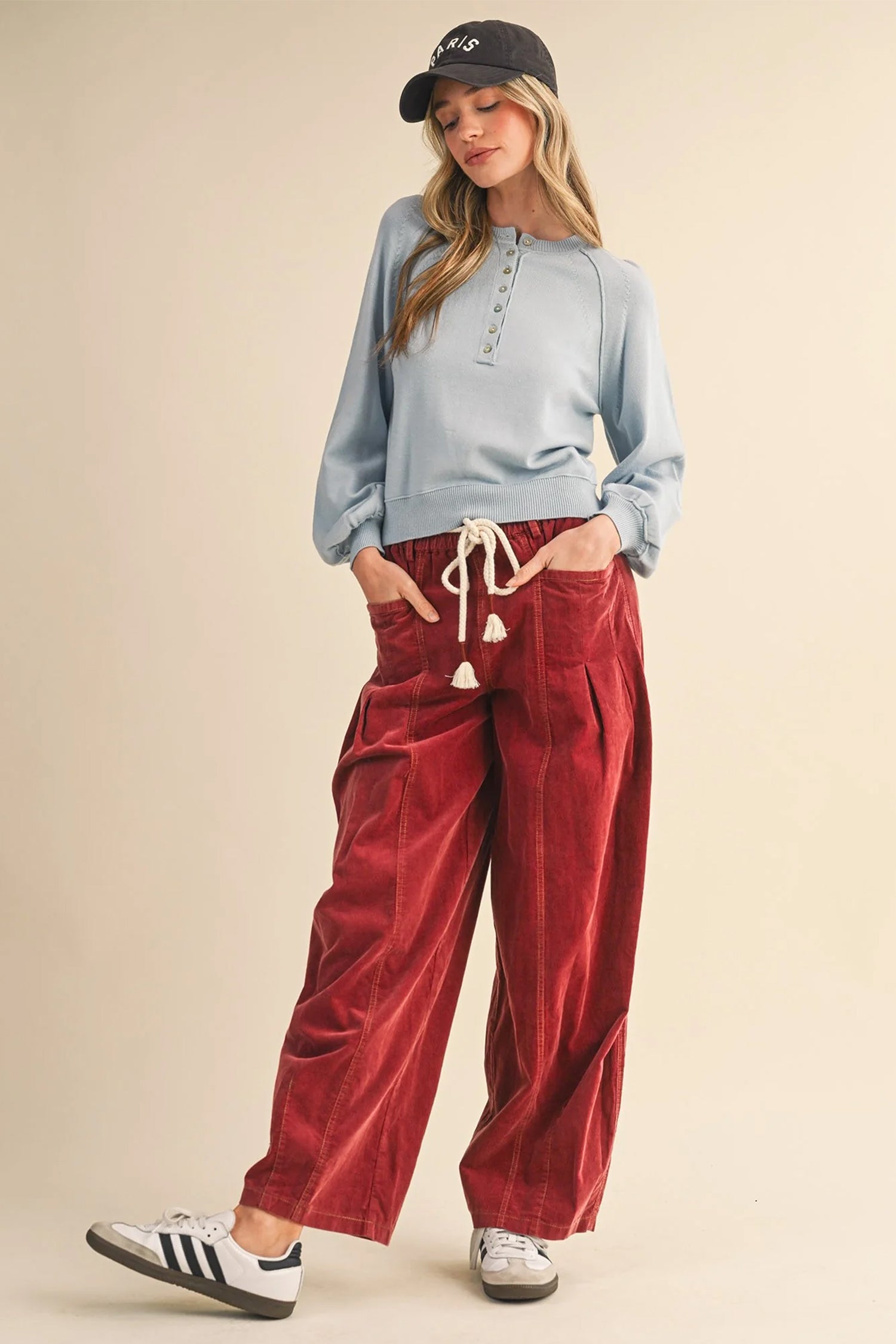 Racing Red Elastic Waist Drawstring Corduroy Casual Pants