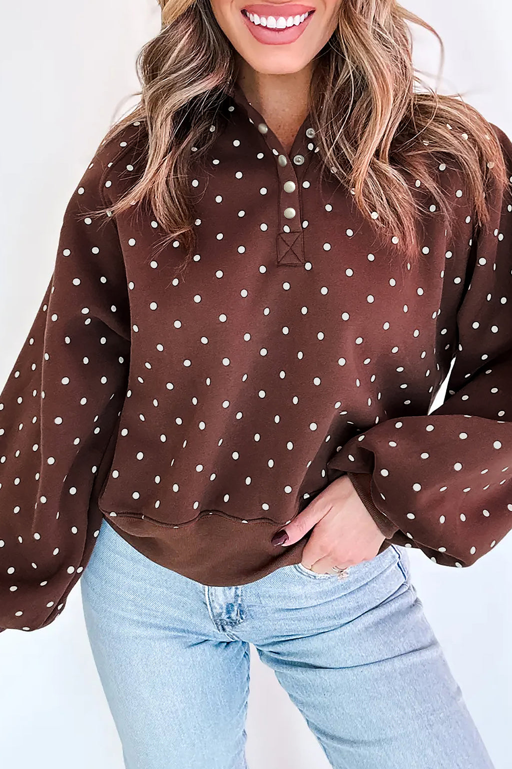 Pink Polka Dot Print Metal Button Collar Casual Pullover Sweatshirt