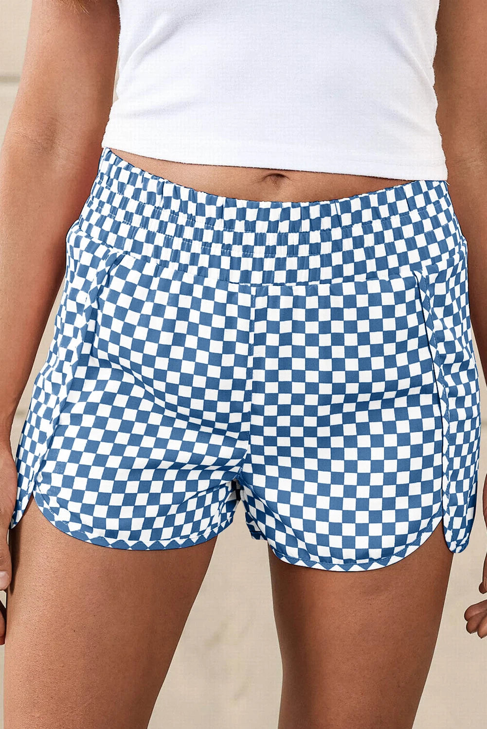 Blue Checkered High Waisted Athletic Shorts