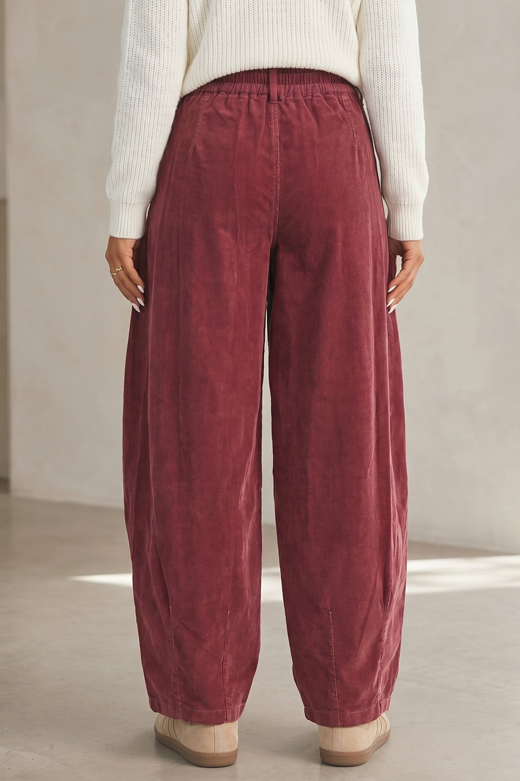 Racing Red Elastic Waist Drawstring Corduroy Casual Pants