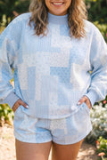 Sky Blue Patchwork Floral Print Stand Neck Long Sleeve Two-piece Outfit Plus Size Set