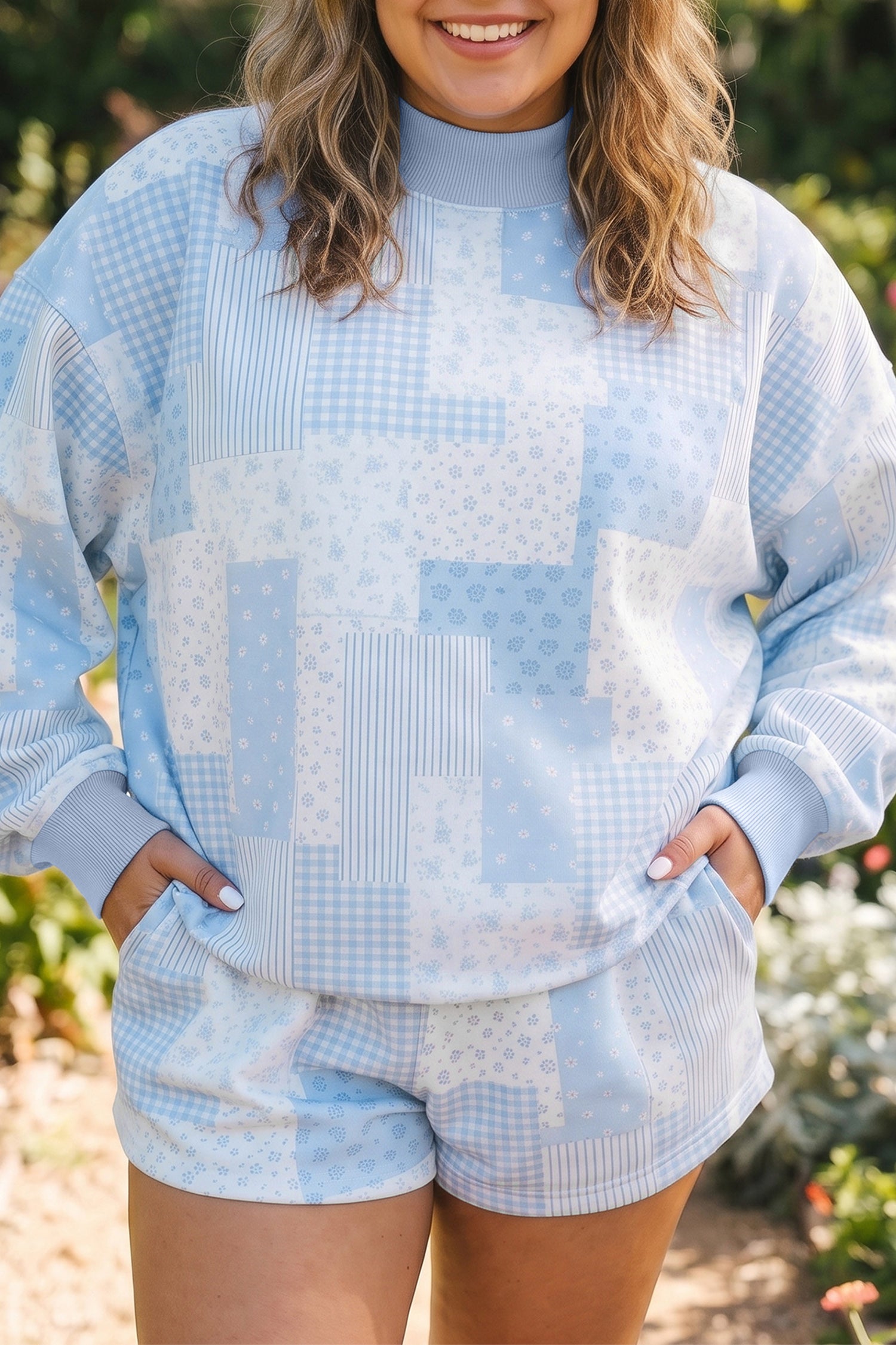 Sky Blue Patchwork Floral Print Stand Neck Long Sleeve Two-piece Outfit Plus Size Set