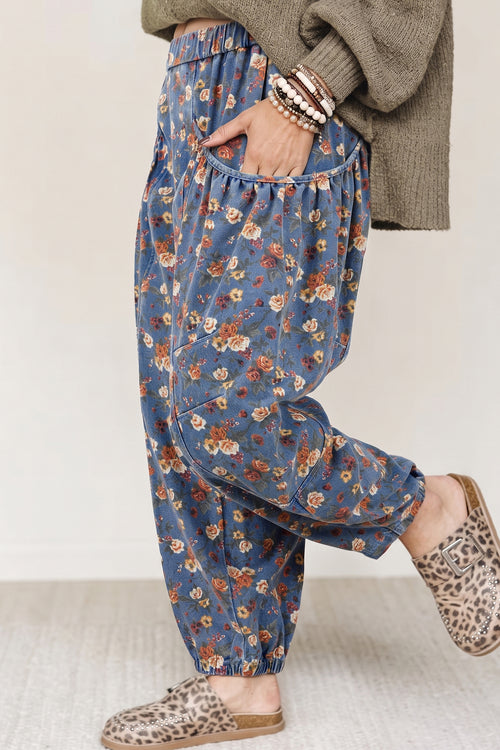 Beau Blue Retro Floral Print Elastic Waist Pocketed Barrel Jeans