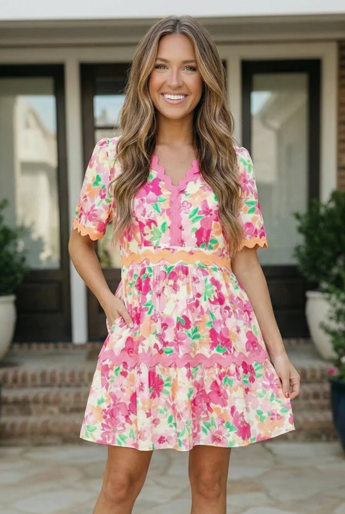 Floral Print Babydoll Dress with Side Pockets