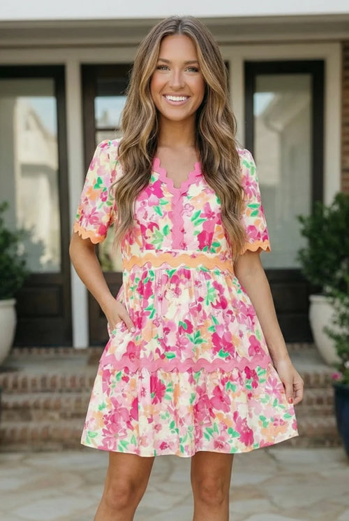 Floral Print Babydoll Dress with Side Pockets