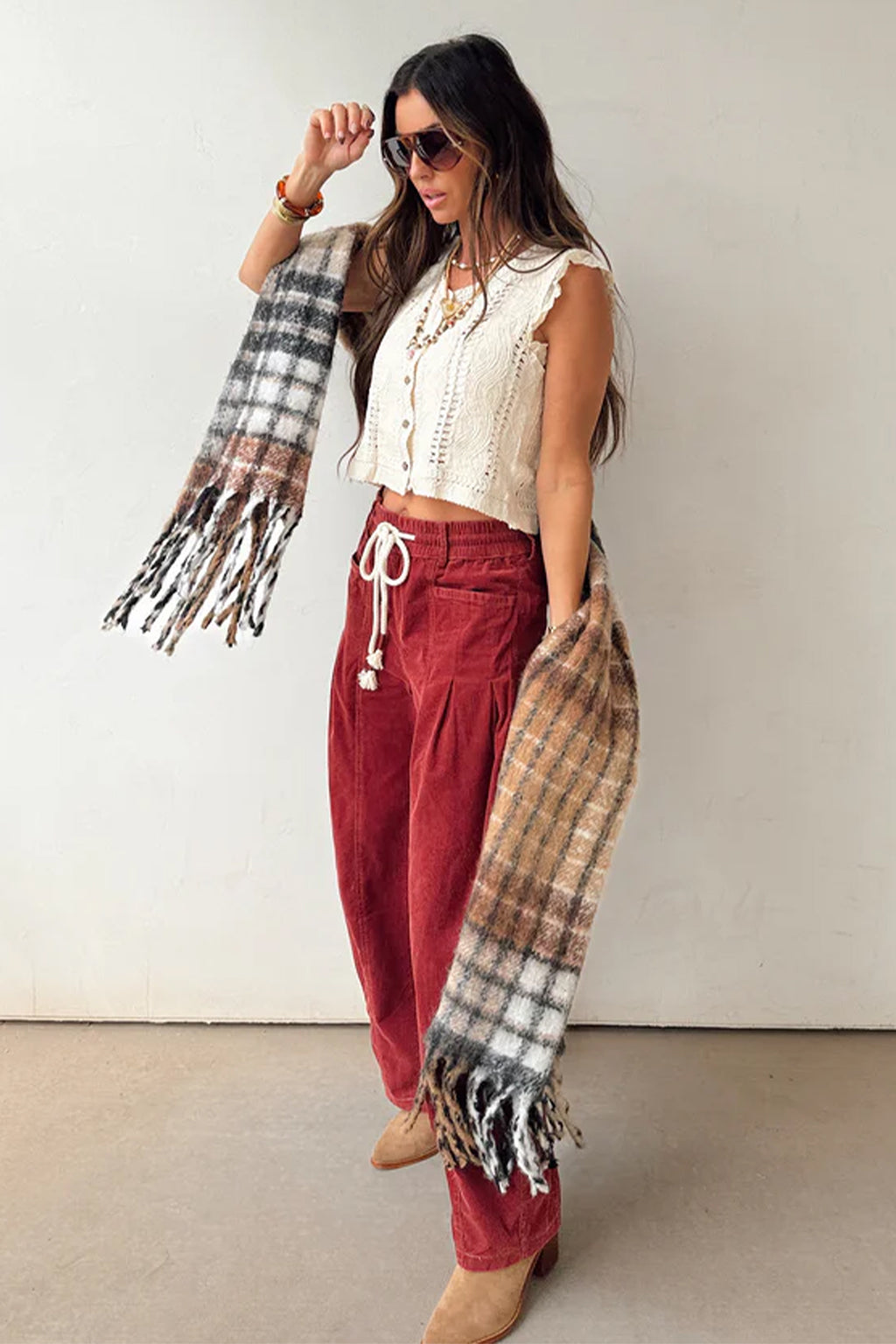 Racing Red Elastic Waist Drawstring Corduroy Casual Pants