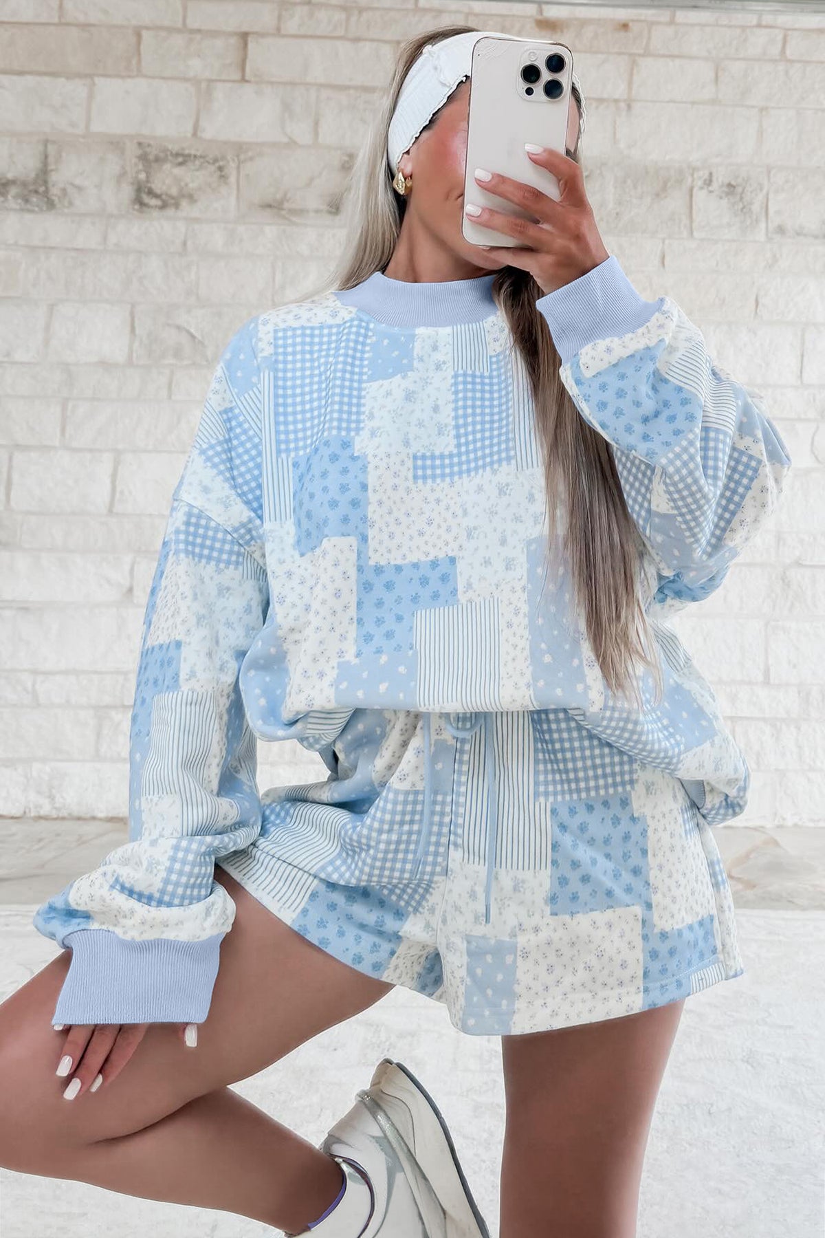 Light Pink Patchwork Floral Print Drop Shoulder Baggy Pullover Drawstring Shorts Set