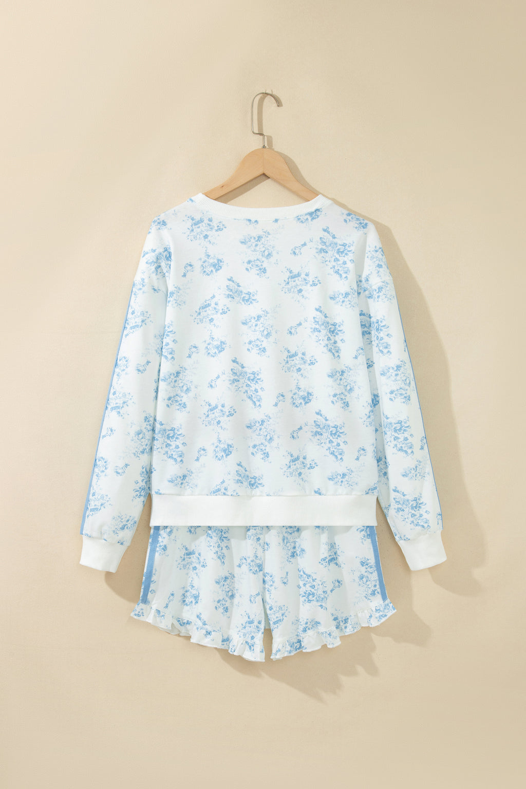 Sky Blue Floral Print Striped Detail Long Sleeve Top Ruffle Hem Shorts 2pcs Set