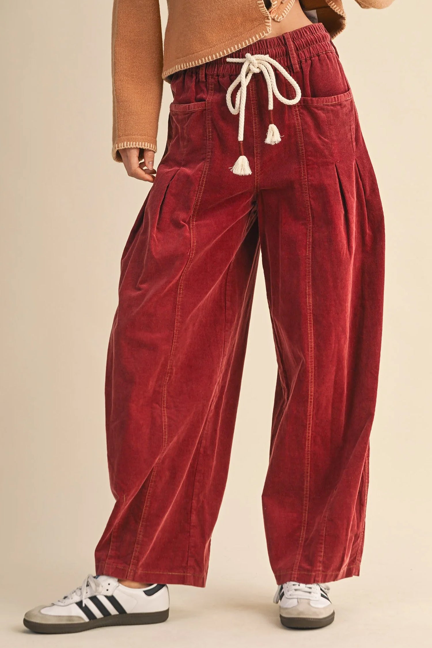 Racing Red Elastic Waist Drawstring Corduroy Casual Pants