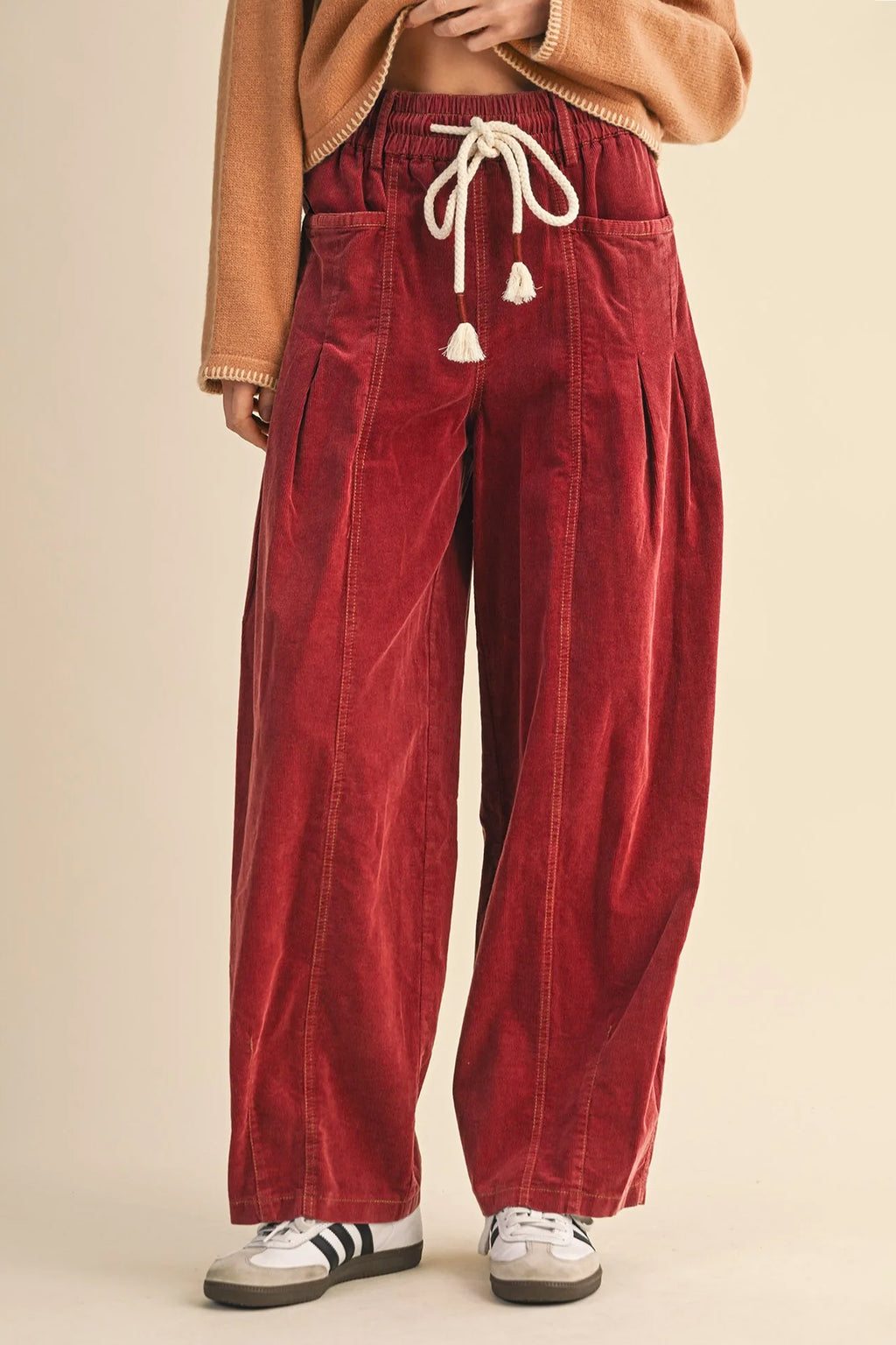 Racing Red Elastic Waist Drawstring Corduroy Casual Pants