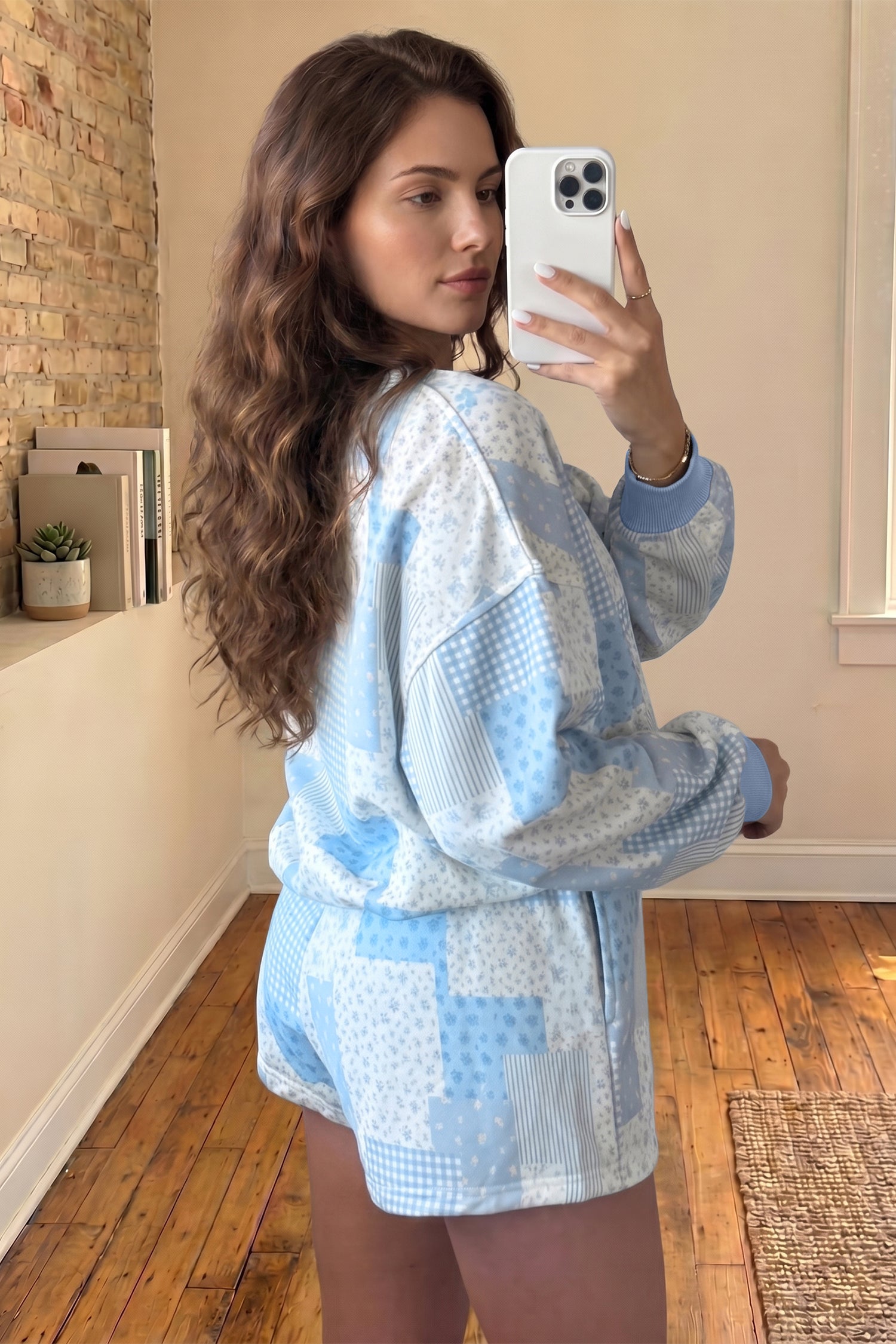 Light Pink Patchwork Floral Print Drop Shoulder Baggy Pullover Drawstring Shorts Set