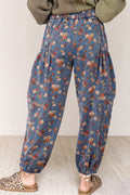 Beau Blue Retro Floral Print Elastic Waist Pocketed Barrel Jeans