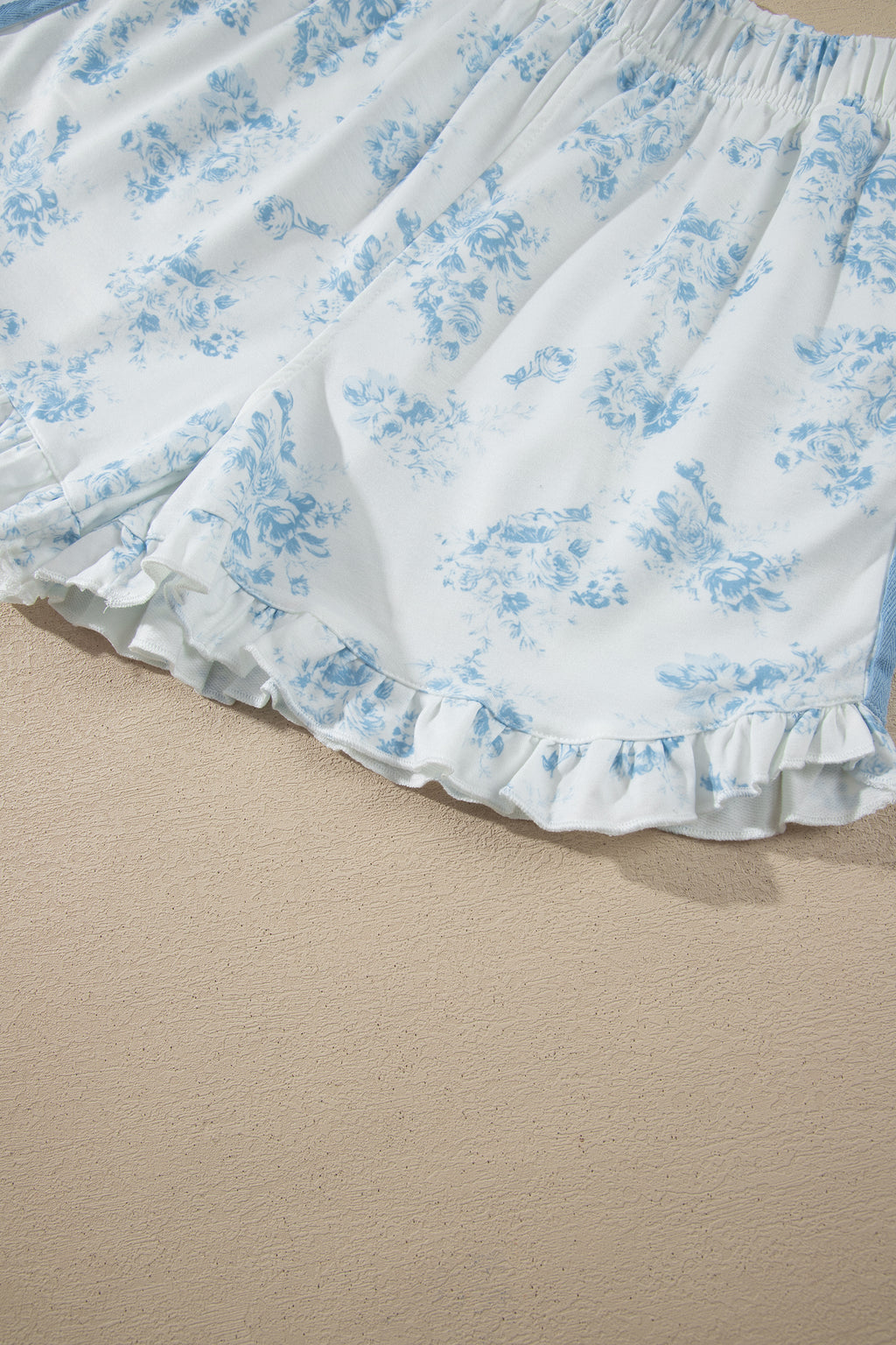 Sky Blue Floral Print Striped Detail Long Sleeve Top Ruffle Hem Shorts 2pcs Set
