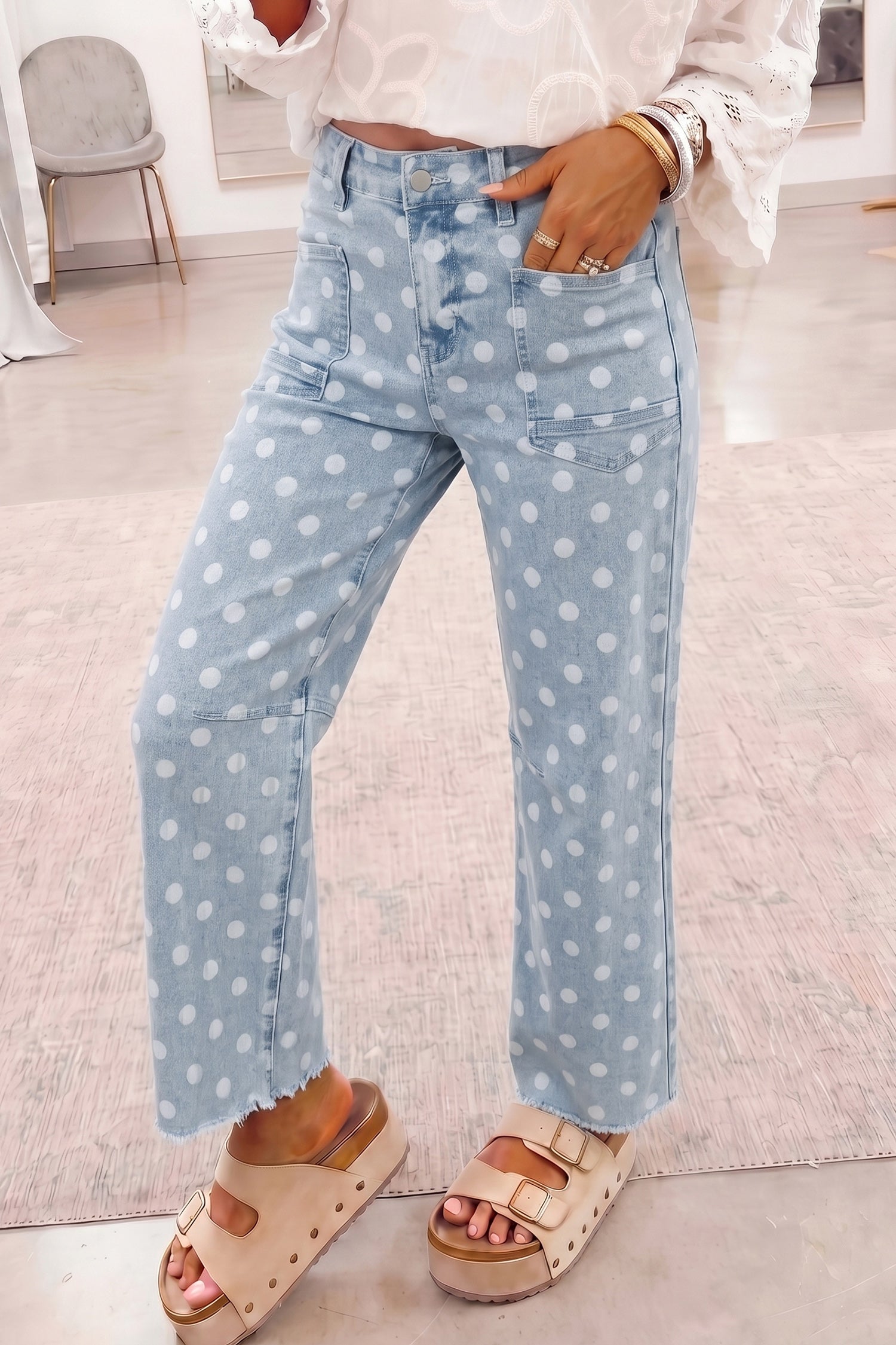 Sky Blue Polka Dot Casual Slim Fit Jeans