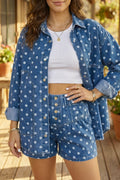 Blue Polka Dot Long Sleeve Collar Shift Tunic Denim Jacket