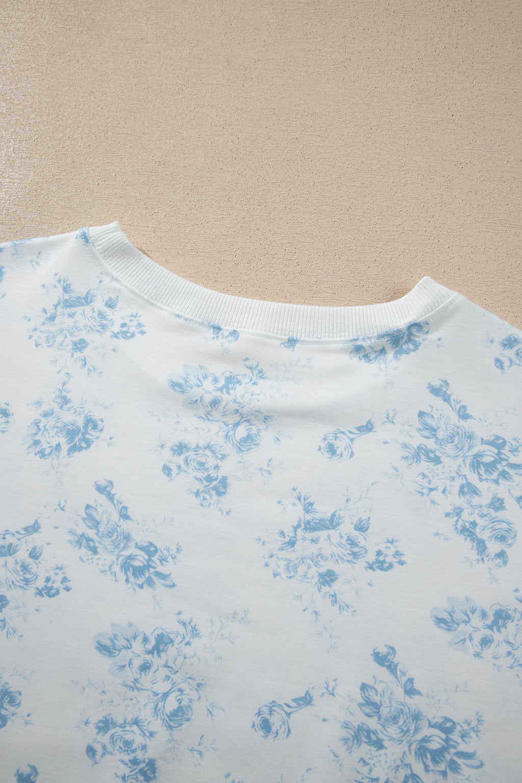 Sky Blue Floral Print Striped Detail Long Sleeve Top Ruffle Hem Shorts 2pcs Set