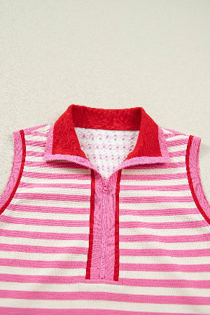 Sachet Pink Textured Stripe Print Contrast Trim Zip Collar Sleeveless 2pcs Skort Set