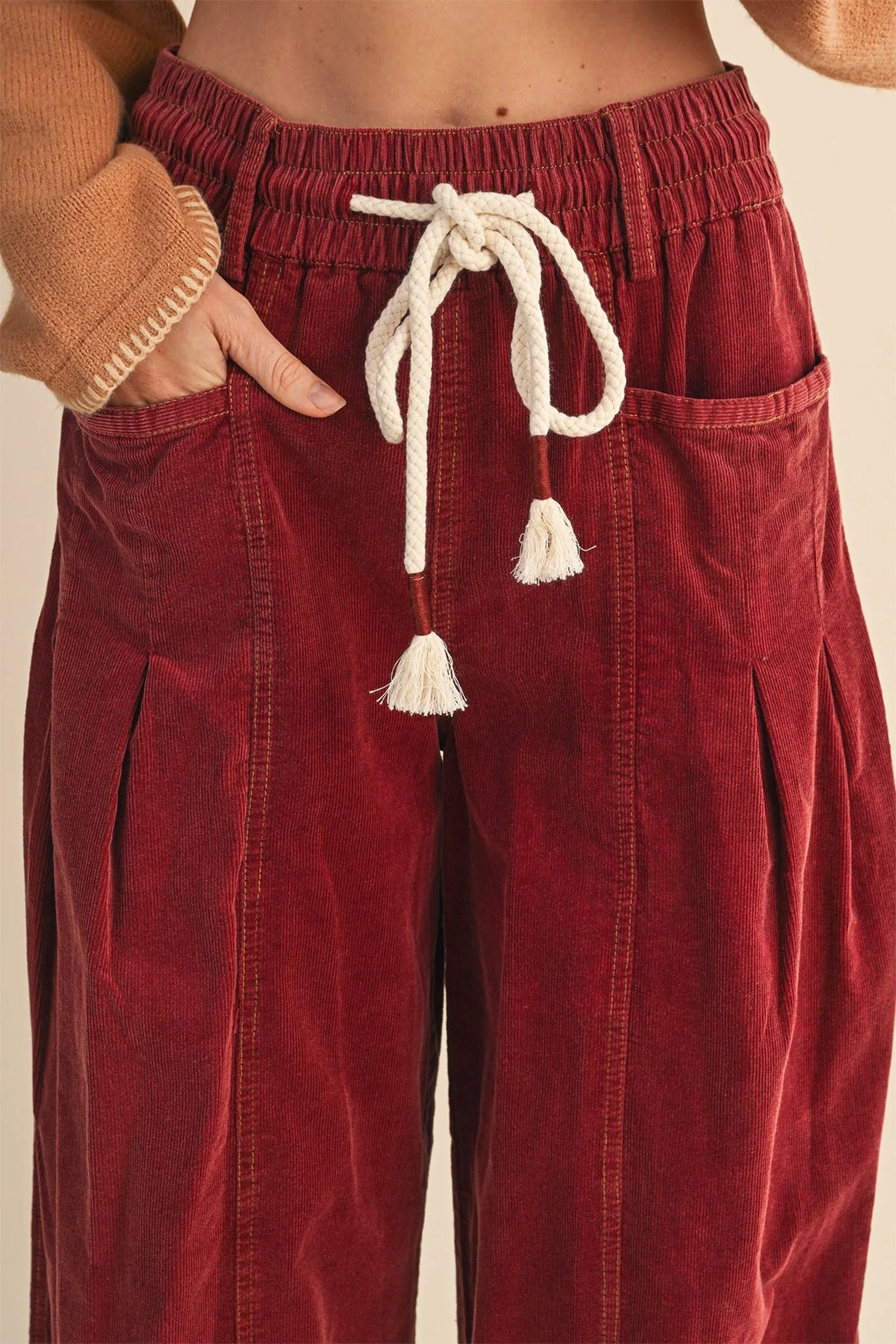 Racing Red Elastic Waist Drawstring Corduroy Casual Pants