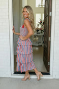 Red White and Blue Striped Tiered Smocked Midi Dress