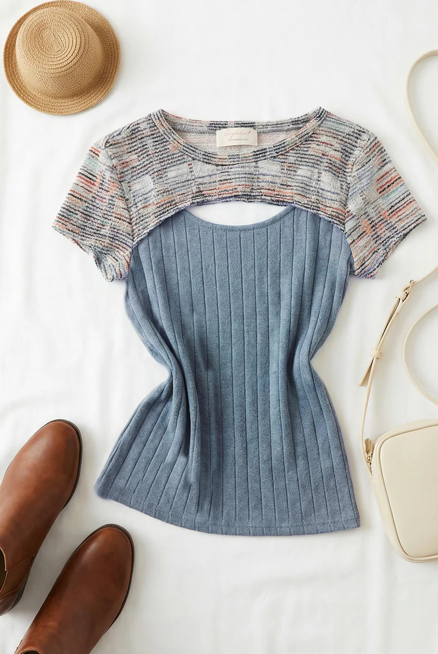 Two Tone Cut Out Ribbed Top